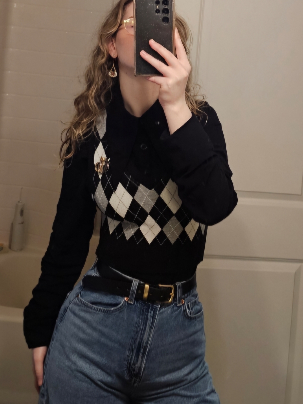 Cropped Black and Gray Argyle Knit V-Neck Sweater Vest Women's Small - Picture 2 of 11